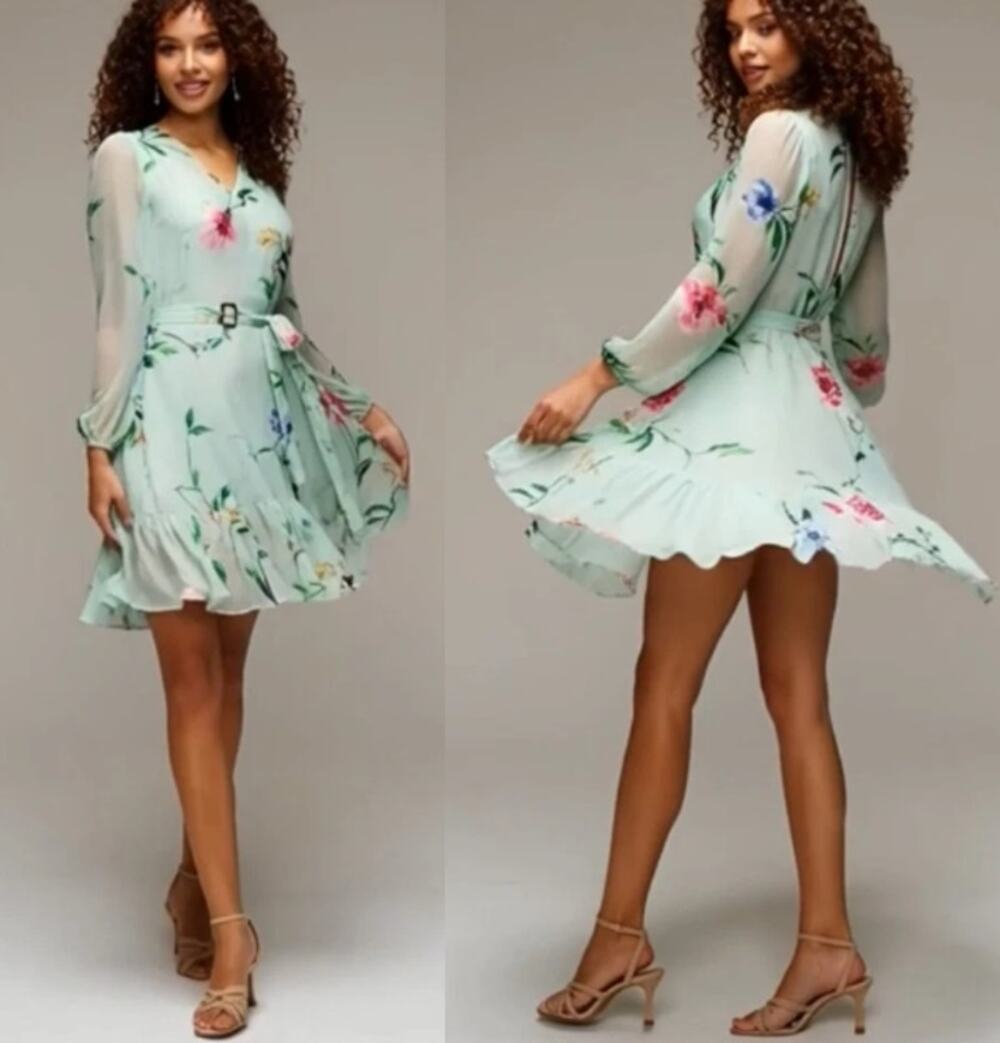 White House Black Market Floral 3/4 Sleeve V-Neck Mini Dress  Burnout Godet 8